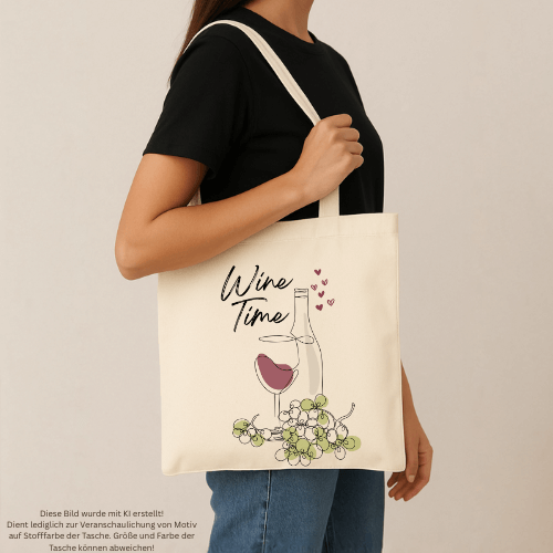 Frau trägt Tasche Wine Time aus der Cheers-Collection mit Weinflasche und Trauben-Motiv.