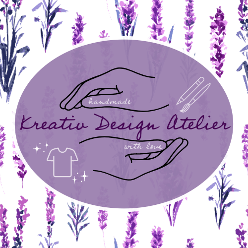 Kreativ Design Atelier logo with hands, shirt icon, and purple floral background, emphasizing handmade art.